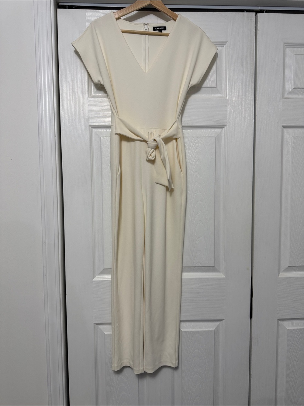 Express Cream V-Neck Belted Jumpsuit